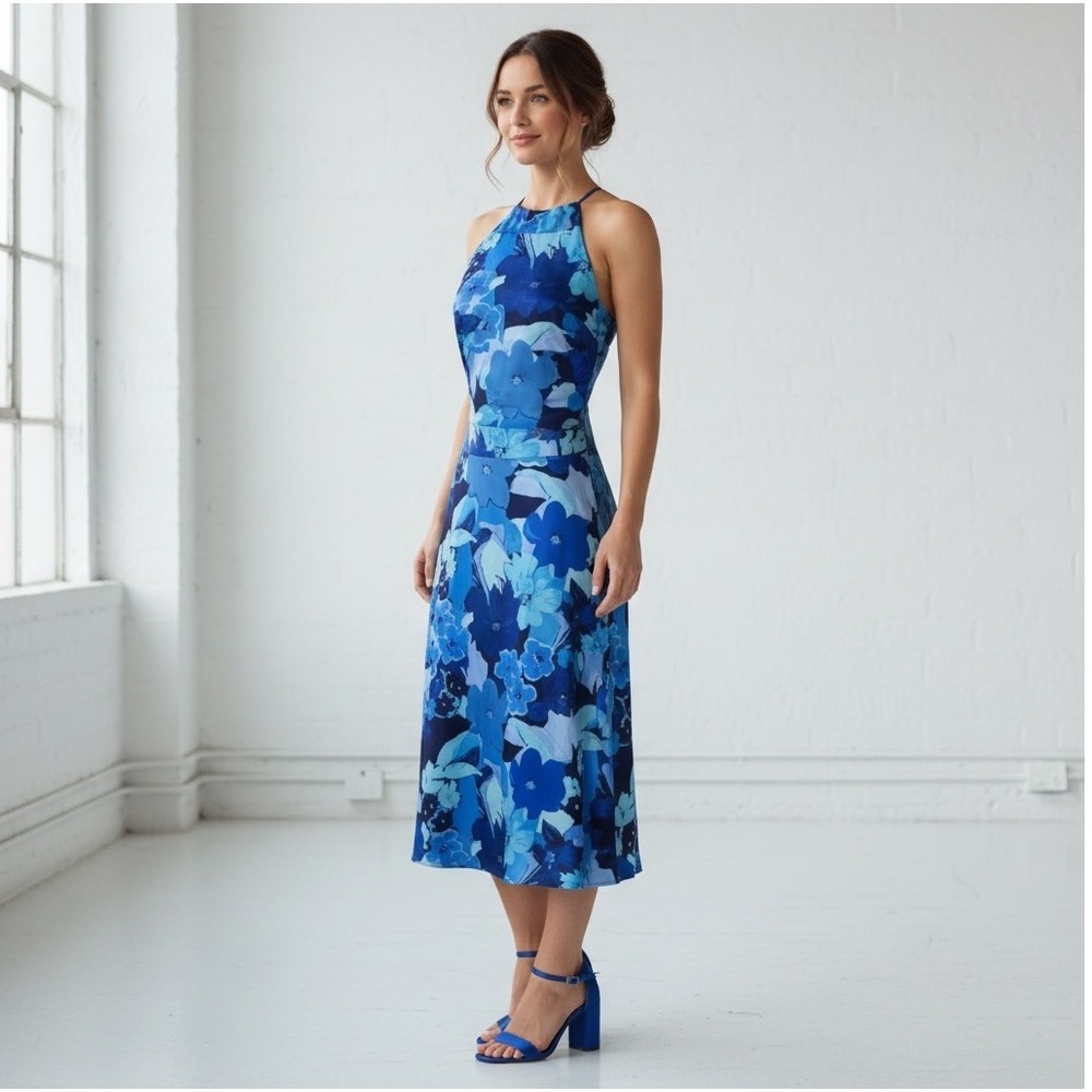 Tahari ASL Tie-Back Sleeveless Midi Halter Dress Blue‎ Floral 10P Wedding Guest
